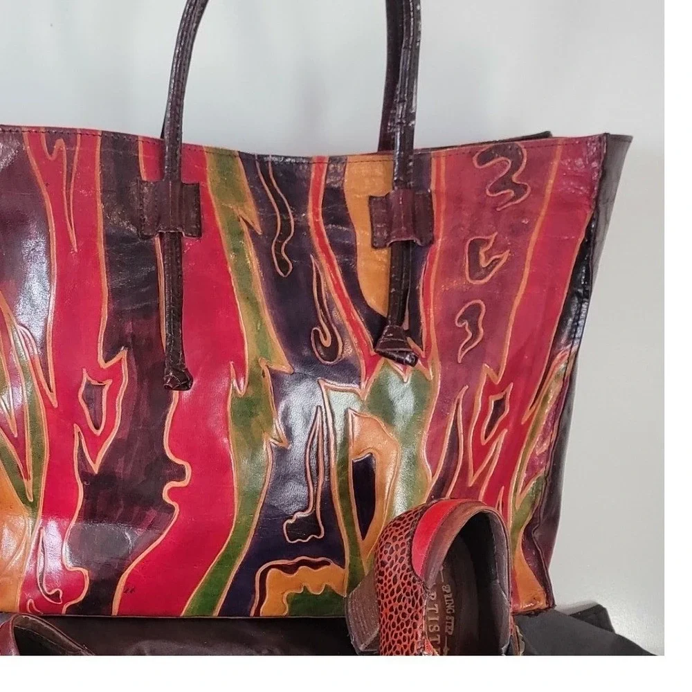 Vintage Leather Embossed Tote Bag Multicolor Abstract Design Shoulder‎ Bag